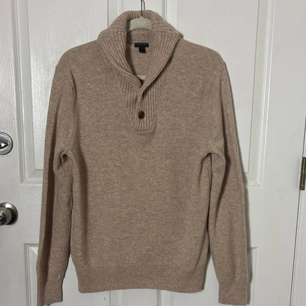 J. Crew Tan 100% Lambs Wool Shawl Collar Turtleneck Sweater Size Large